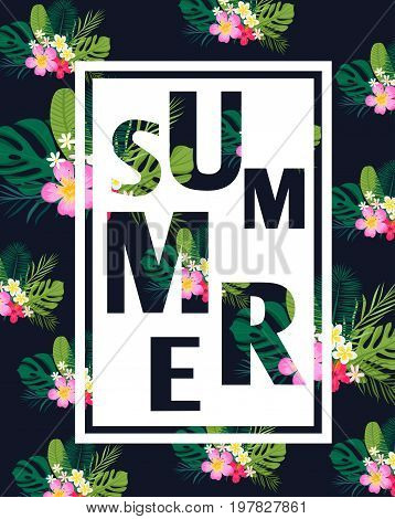 A Tropical Card With Palm Leaves And Exotic Flowers. Summer Jungle Design Is Ideal For Flyers, Postc