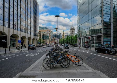London UK -May 31 2017: Lots of bicycles parked on High Holborn London.