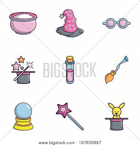 Magician equipment icons set. Flat set of 9 magician equipment vector icons for web isolated on white background
