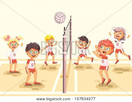 Stock vector illustration back to sport school children character schoolgirl schoolboy pupil classmates team game playing volleyball ball at physical education class sandy beach background flat style.