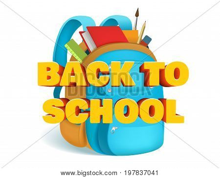 Back to school yellow 3d letters on background of school backpack. Vector illustration. Eps 10.