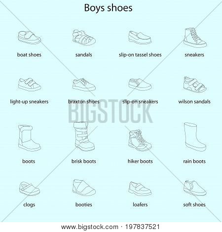 Boys shoes, set, collection of fashion footwear with names. Baby, kid, child, childhood. Vector design isolated illustration. Black outlines, blue background