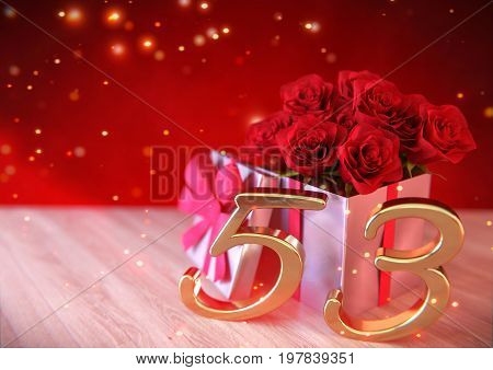 birthday concept with red roses in gift on wooden desk. 3D render - fifty-third birthday. 53rd