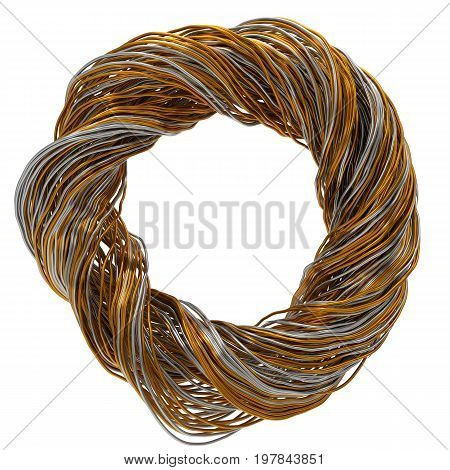 3d illustration of twisting gold and steel wires isolated on white.