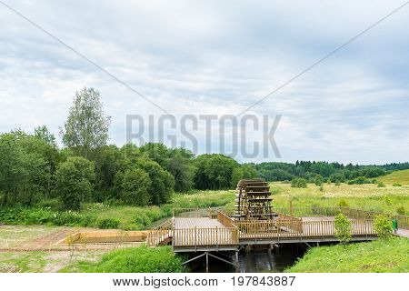 Sacred stone on the background of the church Radonezh font Golden Ring Russia