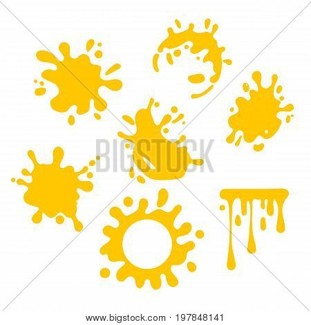 Yellow juice or honey blots set. Sweet smudges splashes drops on white background.