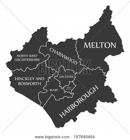 Leicestershire County England Uk Black Map With White Labels Illustration