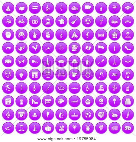 100 wine icons set in purple circle isolated on white vector illustration