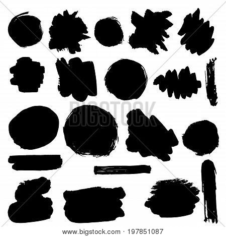 Vector set of grunge artistic brush strokes, brushes. Creative design elements. Black spots.