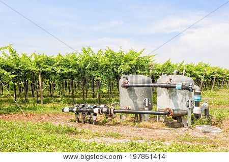 System pumping water for agriculture with expansion tank.
