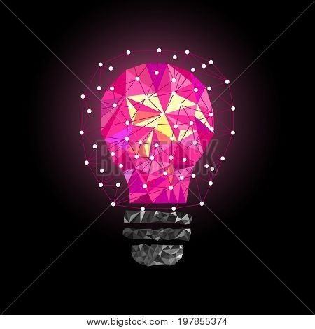 Low Poly Style Light pink bulb. Vector abstract Illustration on black background. Idea concept.