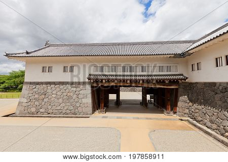 YAMAGATA JAPAN - MAY 28 2017: Reconstructed (1991) Inner Eastern Main Gate of Second Bailey of Yamagata Castle (founded in 1356). National historical site of Japan since 1986