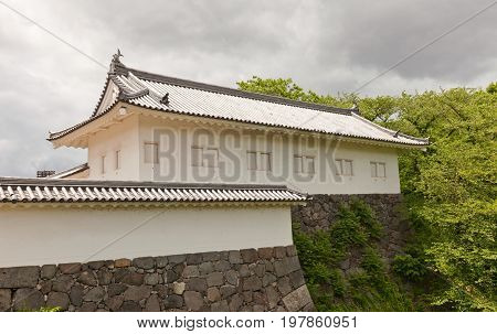 YAMAGATA JAPAN - MAY 28 2017: Reconstructed (1991) Tamonyagura Tower of Eastern Main Gate of Second Bailey of Yamagata Castle (founded in 1356). National historical site of Japan since 1986