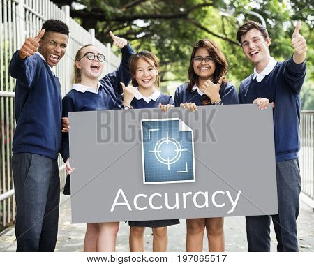 Students holding billboard network graphic overlay