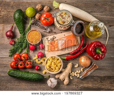 fresh fruits and veggies, salmon, topshot