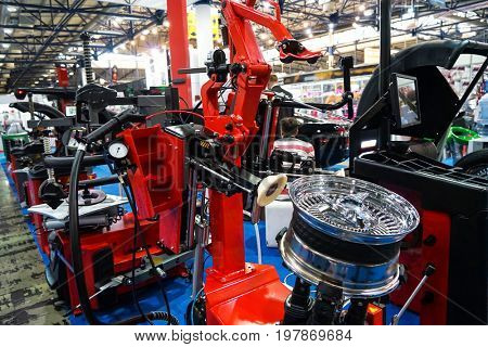 Wheel rim repair equipment presented in store