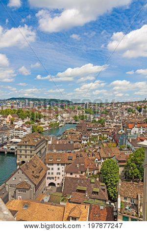 Zurich Switzerland - June 10 2017: View over Zurich old traditional houses downtown near river limat