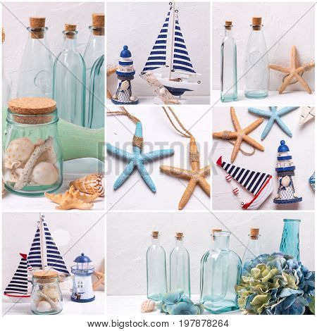 Collage from photos with sea theme or coastal living home decorations. Decorative lighthouse sailing boats bottles flowers and marine items on textured background.
