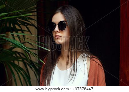 Close Up Portrait Young Girl In White Shirt Jeans And Sunglasses