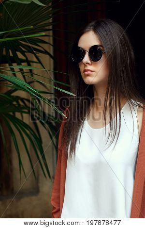 Close Up Portrait Young Girl In White Shirt Jeans And Sunglasses