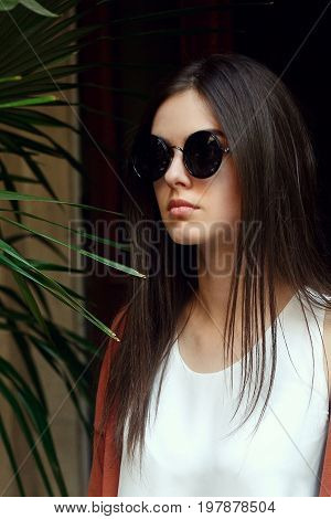 Close Up Portrait Young Girl In White Shirt Jeans And Sunglasses