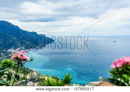 amazing view from Villa Rufolo Ravello town Amalfi coast in the cloudy day southern Italy.