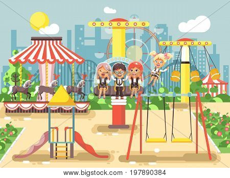 Stock vector illustration of cartoon characters children schoolboys schoolgirls classmates resting in amusement park ride on swing, chain or horses carousel, roller coaster, extreme rest in flat style