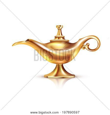 Aladdin lamp isolated composition with cumbersome image of magic golden vessel in classic oriental style vector illustration