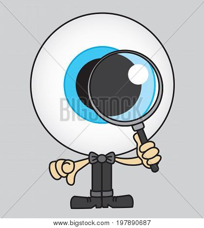 Eye spy with my little eye. Eye cartoon holding a magnifying glass.