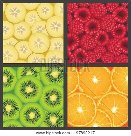 Square panels of four fresh colorful fruits. Vector file.