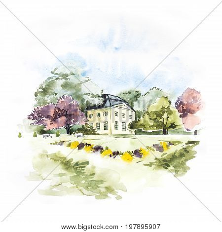 Watercolor landscape with blue sky, clouds, green glade with bushes and trees, with house. Hand drawn nature european background. Painting countryside illustration