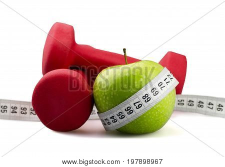 Weight tape dumbbells sport red objects background