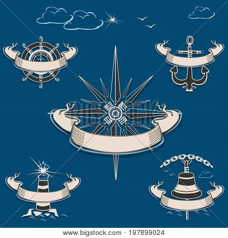 Marine label with ship gear. A ship steering wheel, a lighthouse, an anchor, a bell and a wind rose. Vintage vector illustration with ribbon.