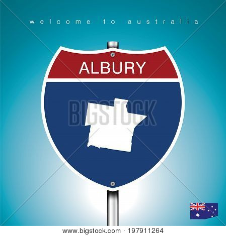An Sign Road America Style with state of Australia with Green Turquoise background and message ALBURY and map vector art image illustration