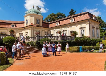 Buchlovice Czech Republic July 29 2017: Baroque chateau Buchlovice whose construction started before 1700. Opening of gardens on the occasion of traditional celebrations of the garlic harvest.