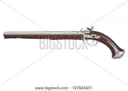 Pistol gun retro brown with flint, side view. 3D rendering