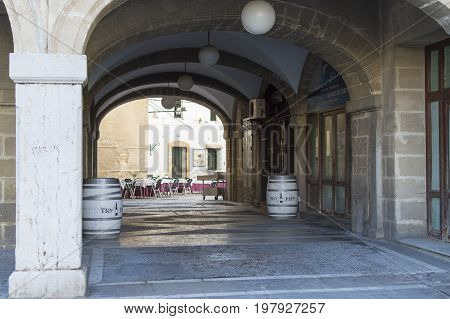 Pescadería vieja street, Jerez de la Frontera in the province of Cadiz, in the south of Spain,
 photo taken on 29 July 2017