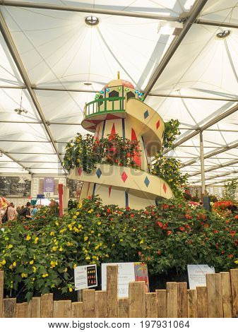 LONDON UK - MAY 25 2017: RHS Chelsea Flower Show 2017. Abutilons on display in the Great Pavilion.