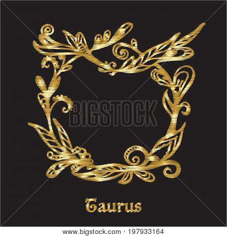 Embroidery with zodiac sign. In gold on black background.  Stock line vector illustration.