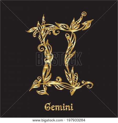 Embroidery with zodiac sign. In gold on black background.  Stock line vector illustration.
