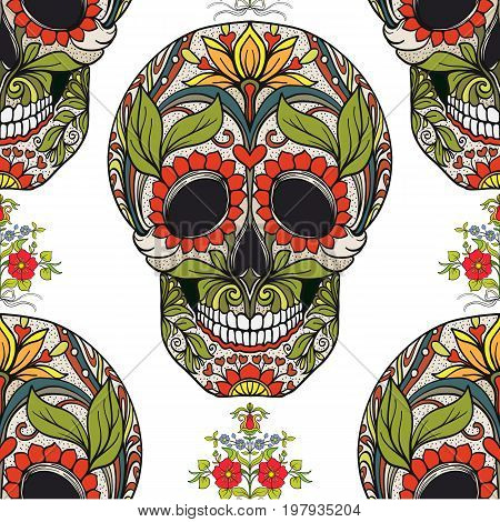 Seamless pattern, background with sugar  skull and floral pattern. Stock line vector illustration.