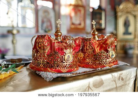 Crown for Wedding in Orthodox church gold. the ceremony in the Church