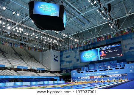 Budapest Hungary - Jul 14 2017. Inside the Duna Arena the home of swimming and diving competitions during the FINA Swimming World Championships.