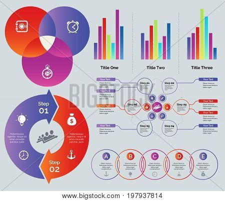 Statistic and process chart design set. Can be used for presentations, annual report, workflow layout. Business concept. Venn chart Bar graphs Process flow chart Cycle donut graph Process venn graph