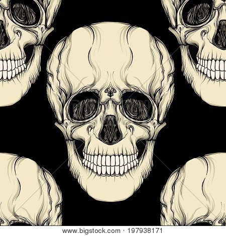 Seamless pattern, background with human skull. Stock line vector illustration.