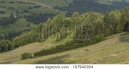 Meadows over Lesnica village in summer cloudy morning