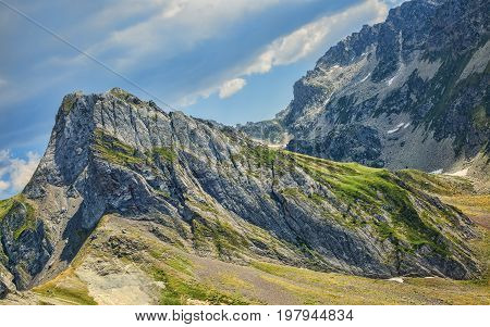 Impressive peaks in Neouvielle Massif in Pyrenees Mountains seen from Col du Tourmalet.