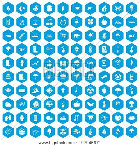 100 garden stuff icons set in blue hexagon isolated vector illustration
