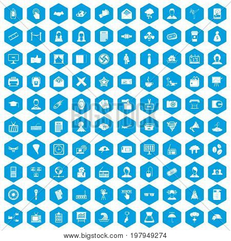 100 journalist icons set in blue hexagon isolated vector illustration
