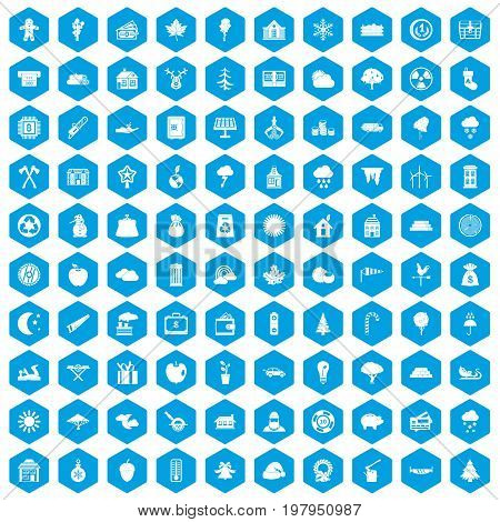 100 lumberjack icons set in blue hexagon isolated vector illustration